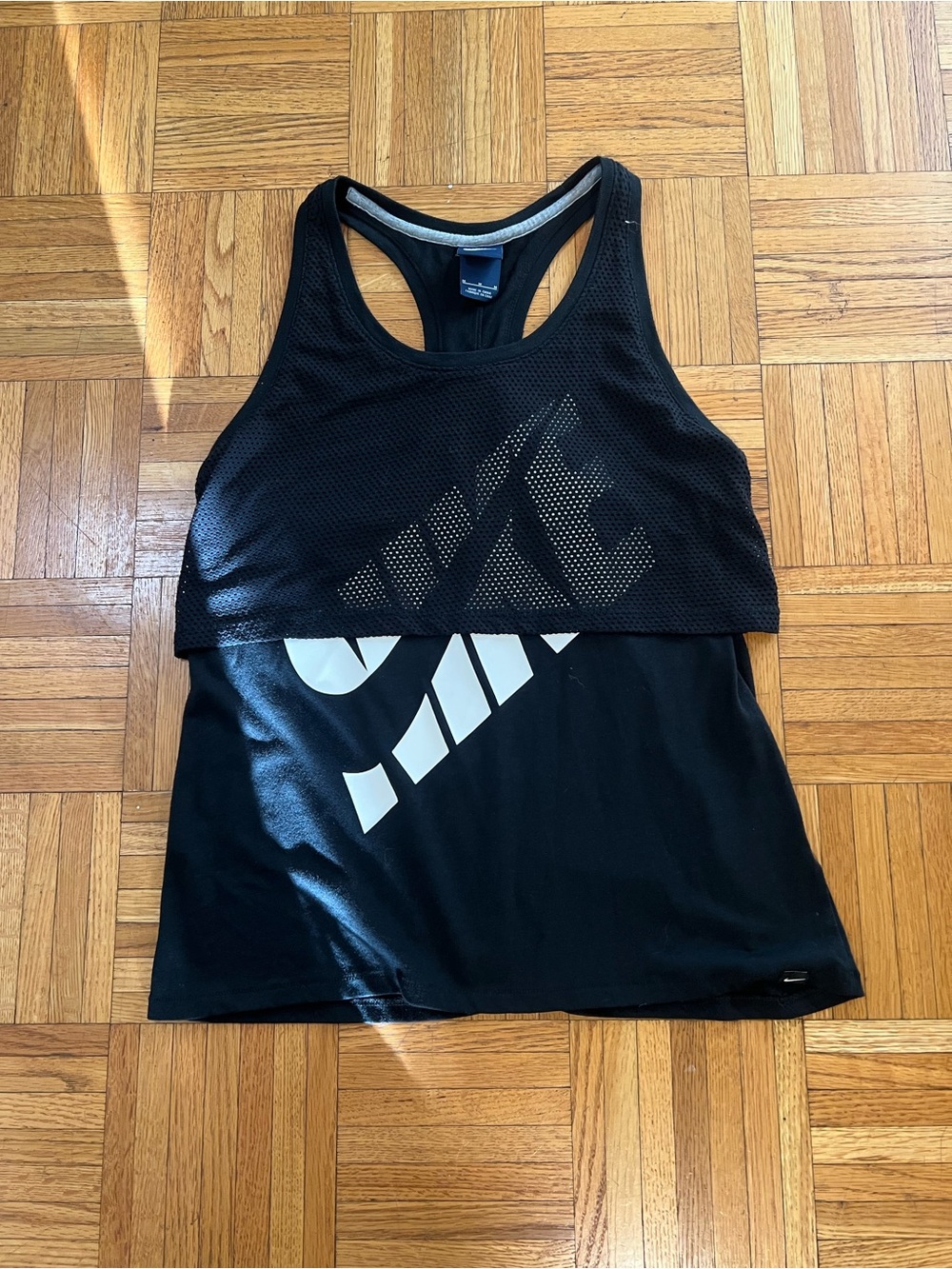 Nike Black Mesh Layered Racerback Tank with White Logo size medium